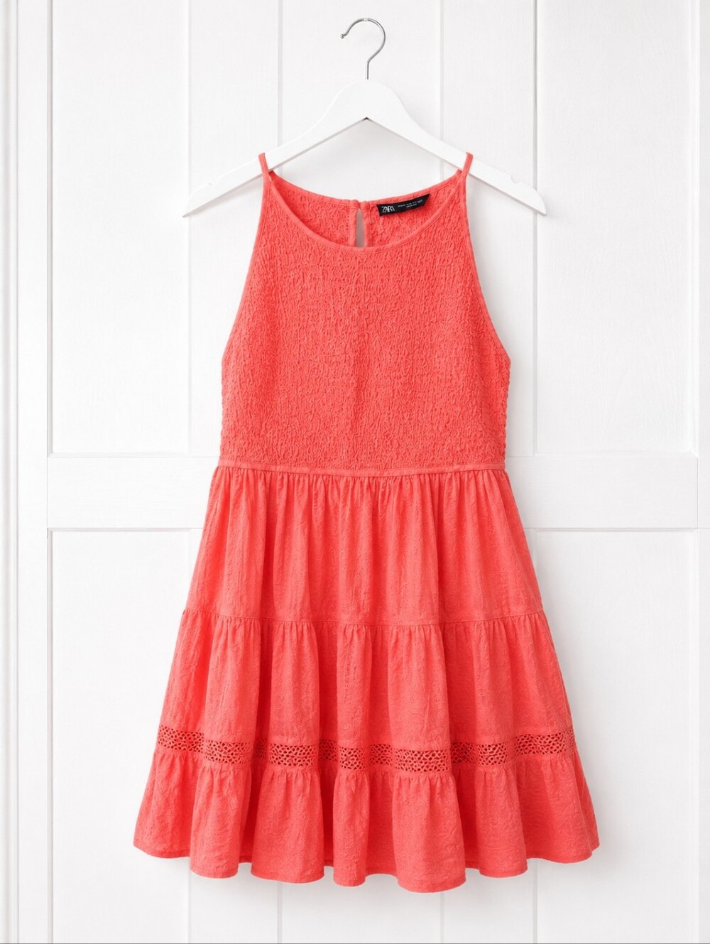 NWT Zara Coral Textured Halter Mini Dress Tiered Sleeveless Women's Large